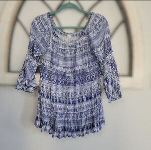Grand & Greene Blue Tribal Peasant Blouse With Flutter Sleeve, Sz L